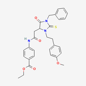 molecular formula C30H31N3O5S B11676585 Ethyl 4-[({1-benzyl-3-[2-(4-methoxyphenyl)ethyl]-5-oxo-2-thioxoimidazolidin-4-yl}acetyl)amino]benzoate 