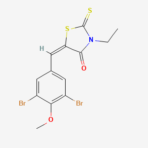 molecular formula C13H11Br2NO2S2 B11676621 (5E)-5-[(3,5-dibromo-4-methoxyphenyl)methylidene]-3-ethyl-2-sulfanylidene-1,3-thiazolidin-4-one 