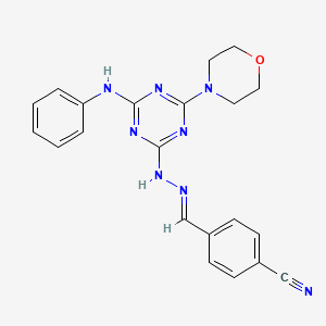 molecular formula C21H20N8O B11676689 4-[(E)-{2-[4-(morpholin-4-yl)-6-(phenylamino)-1,3,5-triazin-2-yl]hydrazinylidene}methyl]benzonitrile 