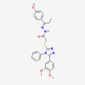 molecular formula C27H27N5O4S B11676817 2-{[5-(3,4-dimethoxyphenyl)-4-phenyl-4H-1,2,4-triazol-3-yl]sulfanyl}-N'-[(1E)-1-(4-hydroxyphenyl)propylidene]acetohydrazide 