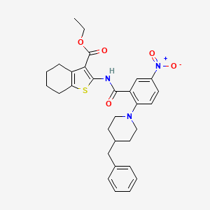 molecular formula C30H33N3O5S B11676917 Ethyl 2-({[2-(4-benzylpiperidin-1-yl)-5-nitrophenyl]carbonyl}amino)-4,5,6,7-tetrahydro-1-benzothiophene-3-carboxylate 