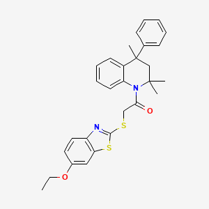 molecular formula C29H30N2O2S2 B11676949 1-{[(6-Ethoxy-1,3-benzothiazol-2-yl)thio]acetyl}-2,2,4-trimethyl-4-phenyl-1,2,3,4-tetrahydroquinoline 