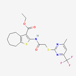 molecular formula C20H22F3N3O3S2 B11677078 ethyl 2-[({[4-methyl-6-(trifluoromethyl)pyrimidin-2-yl]sulfanyl}acetyl)amino]-5,6,7,8-tetrahydro-4H-cyclohepta[b]thiophene-3-carboxylate 