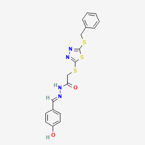 molecular formula C18H16N4O2S3 B11677080 2-{[5-(benzylsulfanyl)-1,3,4-thiadiazol-2-yl]sulfanyl}-N'-[(E)-(4-hydroxyphenyl)methylidene]acetohydrazide CAS No. 315201-10-6