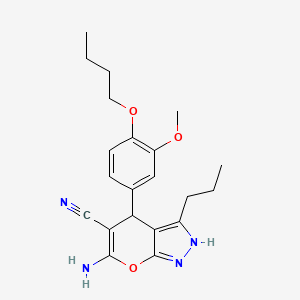 molecular formula C21H26N4O3 B11677134 6-Amino-4-(4-butoxy-3-methoxyphenyl)-3-propyl-1,4-dihydropyrano[2,3-c]pyrazole-5-carbonitrile 