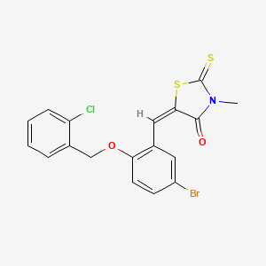 molecular formula C18H13BrClNO2S2 B11677201 (5E)-5-({5-Bromo-2-[(2-chlorophenyl)methoxy]phenyl}methylidene)-3-methyl-2-sulfanylidene-1,3-thiazolidin-4-one 