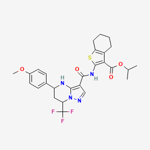 molecular formula C27H29F3N4O4S B11677288 Propan-2-yl 2-({[5-(4-methoxyphenyl)-7-(trifluoromethyl)-4,5,6,7-tetrahydropyrazolo[1,5-a]pyrimidin-3-yl]carbonyl}amino)-4,5,6,7-tetrahydro-1-benzothiophene-3-carboxylate 