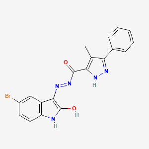 molecular formula C19H14BrN5O2 B11677299 N'-[(3E)-5-bromo-2-oxo-1,2-dihydro-3H-indol-3-ylidene]-4-methyl-3-phenyl-1H-pyrazole-5-carbohydrazide 