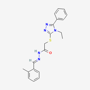 molecular formula C20H21N5OS B11677451 2-[(4-ethyl-5-phenyl-4H-1,2,4-triazol-3-yl)sulfanyl]-N'-[(E)-(2-methylphenyl)methylidene]acetohydrazide 