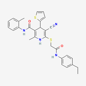 molecular formula C29H28N4O2S2 B11677521 5-cyano-6-({2-[(4-ethylphenyl)amino]-2-oxoethyl}sulfanyl)-2-methyl-N-(2-methylphenyl)-4-(thiophen-2-yl)-1,4-dihydropyridine-3-carboxamide 