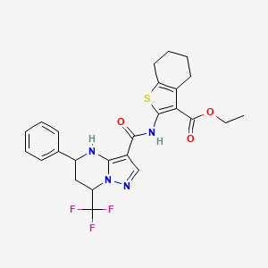 molecular formula C25H25F3N4O3S B11677619 Ethyl 2-({[5-phenyl-7-(trifluoromethyl)-4,5,6,7-tetrahydropyrazolo[1,5-a]pyrimidin-3-yl]carbonyl}amino)-4,5,6,7-tetrahydro-1-benzothiophene-3-carboxylate 