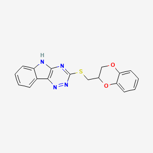 molecular formula C18H14N4O2S B11677702 3-[(2,3-dihydro-1,4-benzodioxin-2-ylmethyl)sulfanyl]-5H-[1,2,4]triazino[5,6-b]indole 