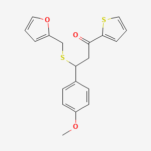 molecular formula C19H18O3S2 B11677742 3-((Furan-2-ylmethyl)thio)-3-(4-methoxyphenyl)-1-(thiophen-2-yl)propan-1-one 