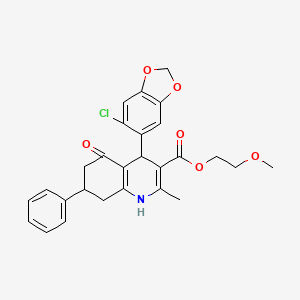 molecular formula C27H26ClNO6 B11677901 2-Methoxyethyl 4-(6-chloro-1,3-benzodioxol-5-yl)-2-methyl-5-oxo-7-phenyl-1,4,5,6,7,8-hexahydroquinoline-3-carboxylate 