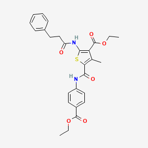 molecular formula C27H28N2O6S B11678092 Ethyl 5-{[4-(ethoxycarbonyl)phenyl]carbamoyl}-4-methyl-2-(3-phenylpropanamido)thiophene-3-carboxylate 