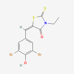 molecular formula C12H9Br2NO2S2 B11678188 (5E)-5-[(3,5-dibromo-4-hydroxyphenyl)methylidene]-3-ethyl-2-sulfanylidene-1,3-thiazolidin-4-one 