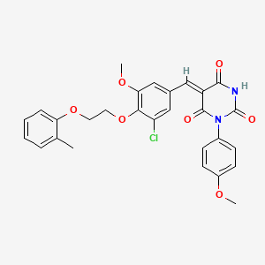 molecular formula C28H25ClN2O7 B11678274 (5Z)-5-{3-chloro-5-methoxy-4-[2-(2-methylphenoxy)ethoxy]benzylidene}-1-(4-methoxyphenyl)pyrimidine-2,4,6(1H,3H,5H)-trione 