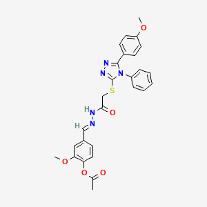 molecular formula C27H25N5O5S B11678388 2-methoxy-4-{(E)-[2-({[5-(4-methoxyphenyl)-4-phenyl-4H-1,2,4-triazol-3-yl]sulfanyl}acetyl)hydrazinylidene]methyl}phenyl acetate 