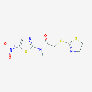 molecular formula C8H8N4O3S3 B11678452 2-(4,5-dihydro-1,3-thiazol-2-ylsulfanyl)-N-(5-nitro-1,3-thiazol-2-yl)acetamide 