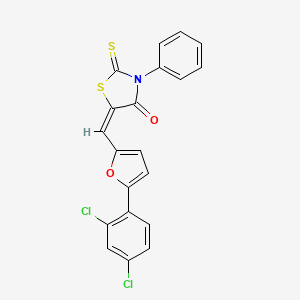 molecular formula C20H11Cl2NO2S2 B11678595 (5E)-5-{[5-(2,4-Dichlorophenyl)furan-2-YL]methylidene}-3-phenyl-2-sulfanylidene-1,3-thiazolidin-4-one 