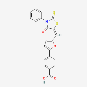 molecular formula C21H13NO4S2 B11678621 4-{5-[(E)-(4-oxo-3-phenyl-2-thioxo-1,3-thiazolidin-5-ylidene)methyl]furan-2-yl}benzoic acid 