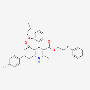 molecular formula C34H34ClNO5 B11678688 2-Phenoxyethyl 7-(4-chlorophenyl)-2-methyl-5-oxo-4-(2-propoxyphenyl)-1,4,5,6,7,8-hexahydroquinoline-3-carboxylate 