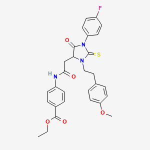 molecular formula C29H28FN3O5S B11678693 Ethyl 4-[({1-(4-fluorophenyl)-3-[2-(4-methoxyphenyl)ethyl]-5-oxo-2-thioxoimidazolidin-4-yl}acetyl)amino]benzoate 