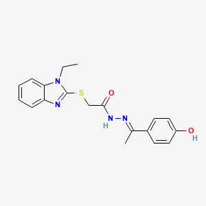 molecular formula C19H20N4O2S B11678700 2-[(1-ethyl-1H-benzimidazol-2-yl)sulfanyl]-N'-[(1E)-1-(4-hydroxyphenyl)ethylidene]acetohydrazide 