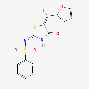 molecular formula C14H10N2O4S2 B11678731 N-[(2E,5E)-5-(furan-2-ylmethylidene)-4-oxo-1,3-thiazolidin-2-ylidene]benzenesulfonamide 