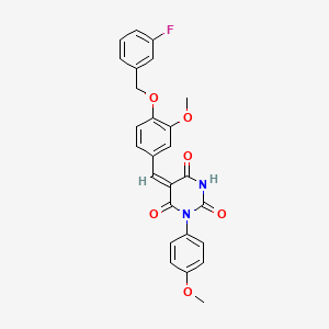 molecular formula C26H21FN2O6 B11678908 (5E)-5-{4-[(3-fluorobenzyl)oxy]-3-methoxybenzylidene}-1-(4-methoxyphenyl)pyrimidine-2,4,6(1H,3H,5H)-trione 