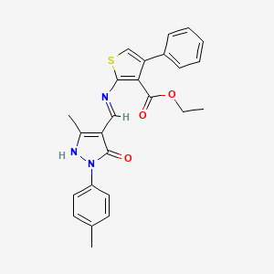 molecular formula C25H23N3O3S B11679027 ethyl 2-({(E)-[3-methyl-1-(4-methylphenyl)-5-oxo-1,5-dihydro-4H-pyrazol-4-ylidene]methyl}amino)-4-phenylthiophene-3-carboxylate 