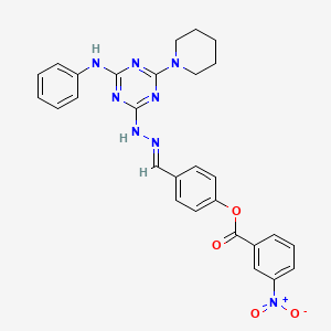 molecular formula C28H26N8O4 B11679037 4-[(E)-{2-[4-(phenylamino)-6-(piperidin-1-yl)-1,3,5-triazin-2-yl]hydrazinylidene}methyl]phenyl 3-nitrobenzoate 