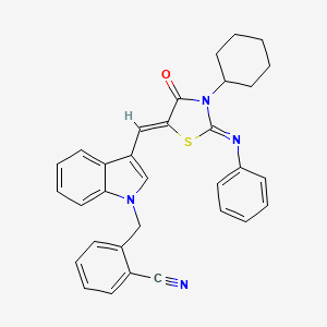 molecular formula C32H28N4OS B11679206 2-[(3-{(Z)-[(2Z)-3-cyclohexyl-4-oxo-2-(phenylimino)-1,3-thiazolidin-5-ylidene]methyl}-1H-indol-1-yl)methyl]benzonitrile 