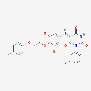 molecular formula C28H25BrN2O6 B11679322 (5Z)-5-{3-bromo-5-methoxy-4-[2-(4-methylphenoxy)ethoxy]benzylidene}-1-(3-methylphenyl)pyrimidine-2,4,6(1H,3H,5H)-trione 