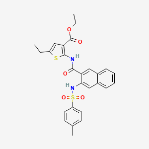 molecular formula C27H26N2O5S2 B11679454 Ethyl 5-ethyl-2-{[(3-{[(4-methylphenyl)sulfonyl]amino}naphthalen-2-yl)carbonyl]amino}thiophene-3-carboxylate 