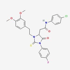 molecular formula C27H25ClFN3O4S B11679776 N-(4-Chlorophenyl)-2-{3-[2-(3,4-dimethoxyphenyl)ethyl]-1-(4-fluorophenyl)-5-oxo-2-sulfanylideneimidazolidin-4-YL}acetamide 