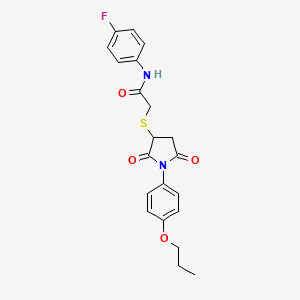 molecular formula C21H21FN2O4S B11679986 2-{[2,5-dioxo-1-(4-propoxyphenyl)pyrrolidin-3-yl]sulfanyl}-N-(4-fluorophenyl)acetamide 