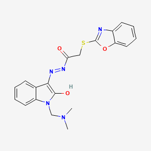 molecular formula C20H19N5O3S B11680031 2-(1,3-benzoxazol-2-ylsulfanyl)-N'-{(3E)-1-[(dimethylamino)methyl]-2-oxo-1,2-dihydro-3H-indol-3-ylidene}acetohydrazide 