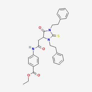 molecular formula C30H31N3O4S B11680088 Ethyl 4-({[5-oxo-1,3-bis(2-phenylethyl)-2-thioxoimidazolidin-4-yl]acetyl}amino)benzoate 