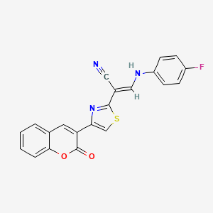 molecular formula C21H12FN3O2S B11680114 (2E)-3-[(4-fluorophenyl)amino]-2-[4-(2-oxo-2H-chromen-3-yl)-1,3-thiazol-2-yl]prop-2-enenitrile 