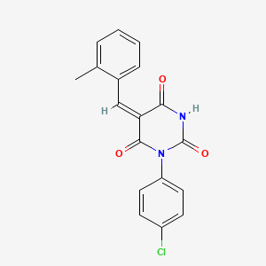 molecular formula C18H13ClN2O3 B11680185 (5E)-1-(4-chlorophenyl)-5-(2-methylbenzylidene)pyrimidine-2,4,6(1H,3H,5H)-trione 