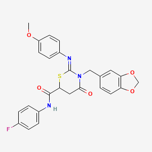 molecular formula C26H22FN3O5S B11680240 (2Z)-3-(1,3-benzodioxol-5-ylmethyl)-N-(4-fluorophenyl)-2-[(4-methoxyphenyl)imino]-4-oxo-1,3-thiazinane-6-carboxamide 