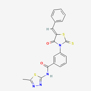 molecular formula C20H14N4O2S3 B11680303 3-[(5Z)-5-benzylidene-4-oxo-2-thioxo-1,3-thiazolidin-3-yl]-N-(5-methyl-1,3,4-thiadiazol-2-yl)benzamide 