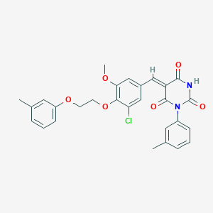 molecular formula C28H25ClN2O6 B11680360 (5Z)-5-({3-Chloro-5-methoxy-4-[2-(3-methylphenoxy)ethoxy]phenyl}methylidene)-1-(3-methylphenyl)-1,3-diazinane-2,4,6-trione 