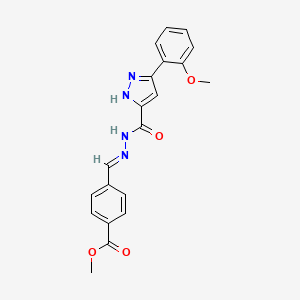 molecular formula C20H18N4O4 B11680500 4-((5-(2-Meo-PH)-2H-pyrazole-3-carbonyl)-hydrazonomethyl)-benzoic acid ME ester 