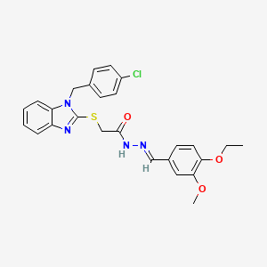 molecular formula C26H25ClN4O3S B11680599 2-{[1-(4-chlorobenzyl)-1H-benzimidazol-2-yl]sulfanyl}-N'-[(E)-(4-ethoxy-3-methoxyphenyl)methylidene]acetohydrazide 