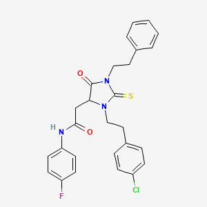 molecular formula C27H25ClFN3O2S B11680635 2-{3-[2-(4-chlorophenyl)ethyl]-5-oxo-1-(2-phenylethyl)-2-thioxoimidazolidin-4-yl}-N-(4-fluorophenyl)acetamide 