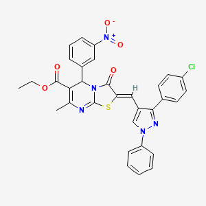 molecular formula C32H24ClN5O5S B11680776 ethyl (2Z)-2-{[3-(4-chlorophenyl)-1-phenyl-1H-pyrazol-4-yl]methylidene}-7-methyl-5-(3-nitrophenyl)-3-oxo-2,3-dihydro-5H-[1,3]thiazolo[3,2-a]pyrimidine-6-carboxylate 