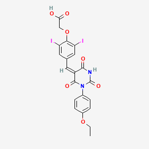 molecular formula C21H16I2N2O7 B11680801 (4-{(E)-[1-(4-ethoxyphenyl)-2,4,6-trioxotetrahydropyrimidin-5(2H)-ylidene]methyl}-2,6-diiodophenoxy)acetic acid 