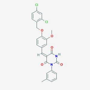 molecular formula C26H20Cl2N2O5 B11680883 (5E)-5-({4-[(2,4-Dichlorophenyl)methoxy]-3-methoxyphenyl}methylidene)-1-(3-methylphenyl)-1,3-diazinane-2,4,6-trione 